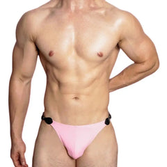 a sexy gay man in pink VividFlash Leather Buckle Bikini Briefs - pridevoyageshop.com - gay men’s underwear and swimwear