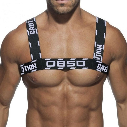 front of Black Letter Elastic Chest Harness: Men's Clubwear and Sexy Gay Lingerie- pridevoyageshop.com - gay men’s harness, lingerie and fetish wear