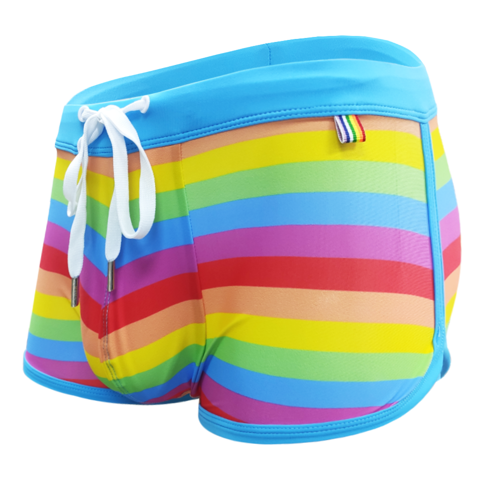 details of Gay Swimwear | Gay Men's Rainbow Drawstring Swim Trunks - pridevoyageshop.com - gay men’s underwear and swimwear