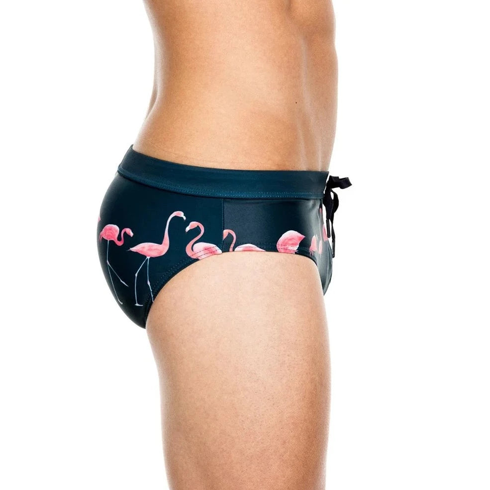 a hot gay man in dark blue Men's Flamingo Swim Briefs - pridevoyageshop.com - gay men’s underwear and swimwear