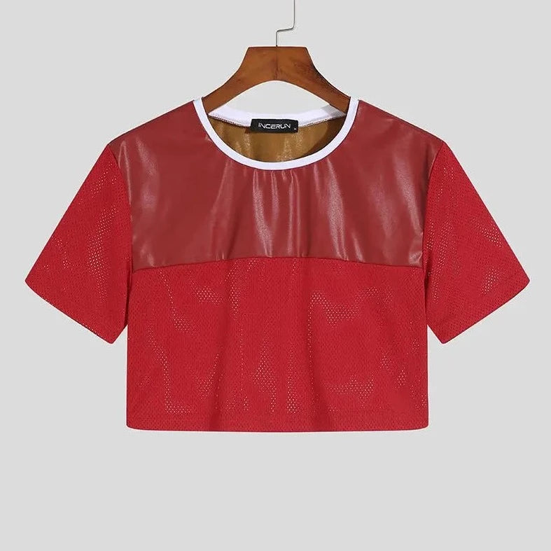 red Gay Fashion PU Leather Mesh Crop Tops | Gay Crop Tops & Clubwear - pridevoyageshop.com - gay crop tops, gay casual clothes and gay clothes store