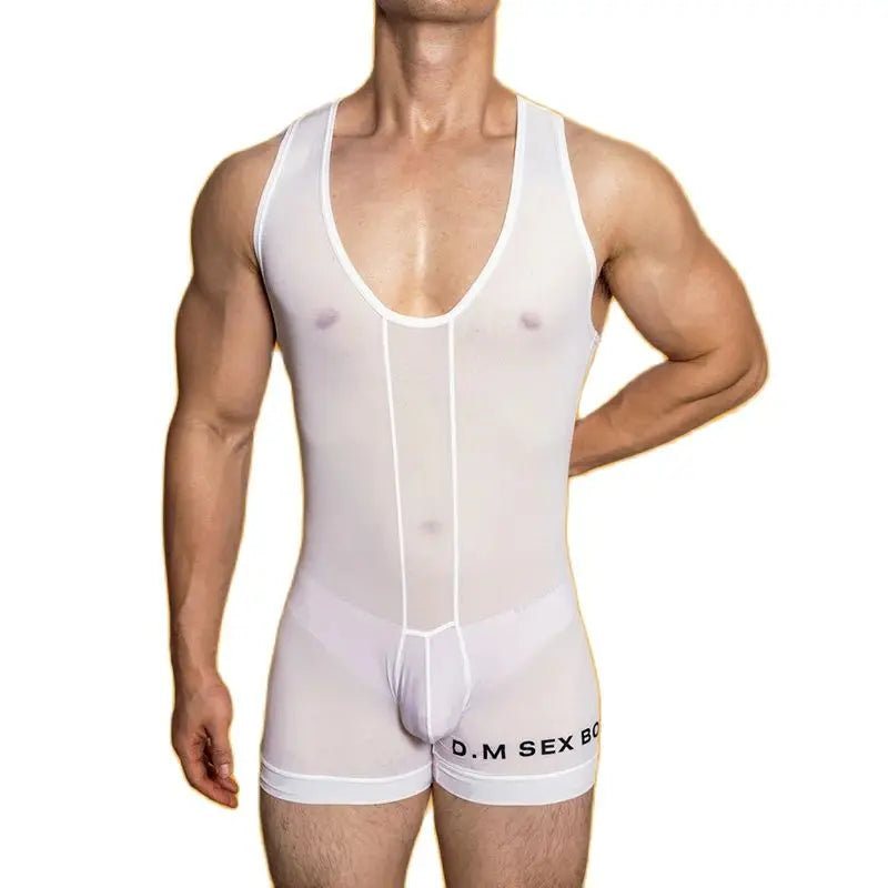 a sexy gay man in white DM Sexy Boy See Through Singlet - Men's Singlets, Bodysuits, Leotard & Unitard - pridevoyageshop.com