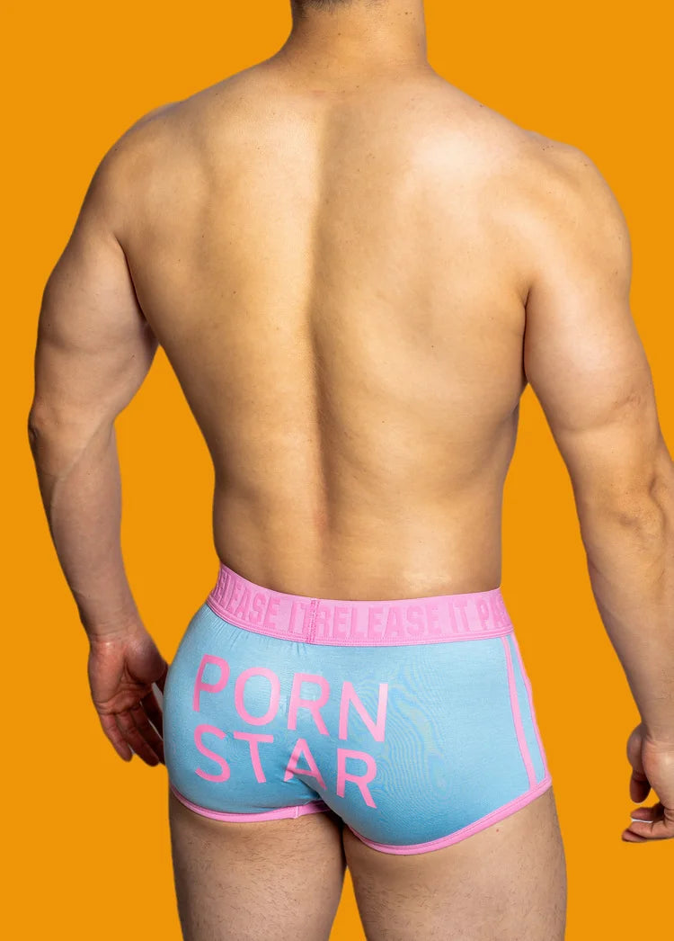 a sexy gay man in sky blue DM Porn Star Pride Boxer Briefs - pridevoyageshop.com - gay men’s underwear and swimwear