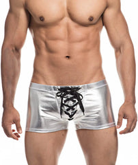 a hot gay man in silver Shiny Metallic Faux Leather Swim Trunks - pridevoyageshop.com - gay men’s underwear and swimwear