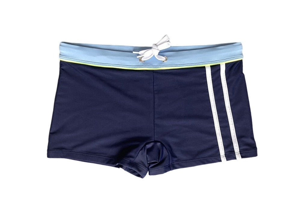 blue Gay Swimwear | Men's Square Cut Racing Stripe Swim Trunks - pridevoyageshop.com - gay men’s underwear and swimwear