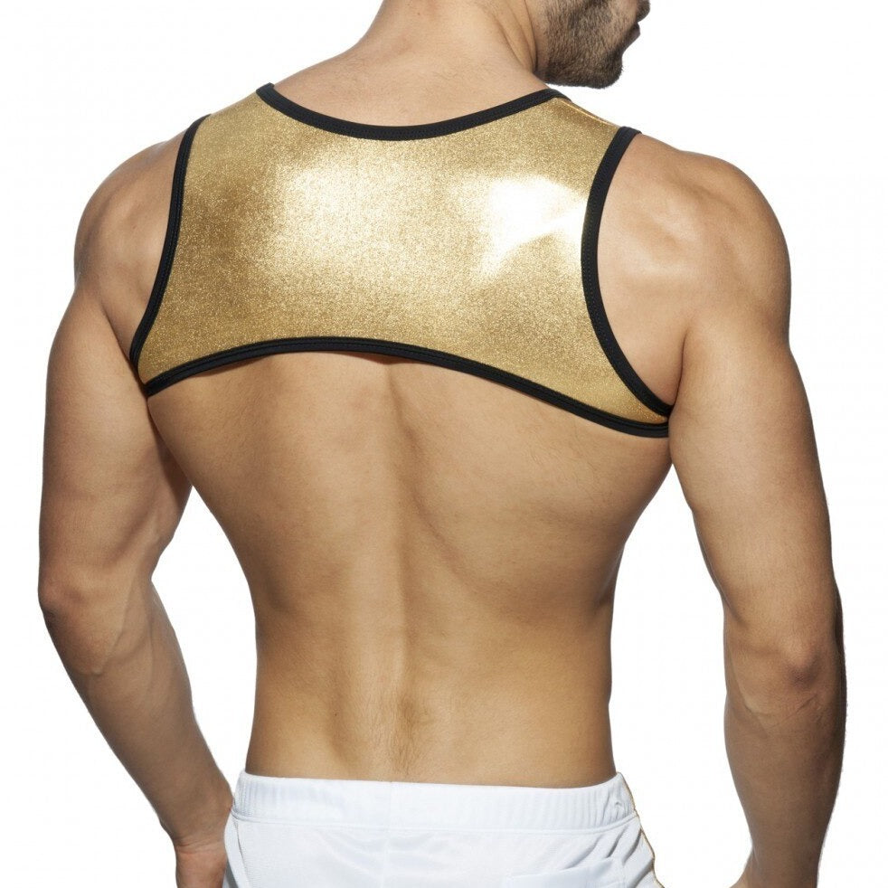 sexy gay man in gold Men's Metallic Chest Harness | Gay Harness- pridevoyageshop.com - gay men’s harness, lingerie and fetish wear