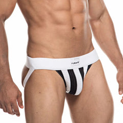 a sexy gay man in white Athletic Stripe Jockstraps - pridevoyageshop.com - gay men’s underwear and swimwear