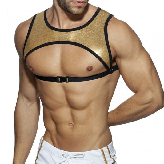 sexy gay man in gold Men's Metallic Chest Harness | Gay Harness- pridevoyageshop.com - gay men’s harness, lingerie and fetish wear