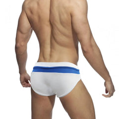 a sexy gay man in White and Blue Men's Bowtie Zippered Swim Briefs - pridevoyageshop.com - gay men’s underwear and swimwear