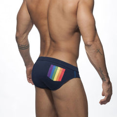 dark Blue Men's Swim Wear: Swim Briefs with Rainbow Pocket - pridevoyageshop.com - gay men’s underwear and swimwear