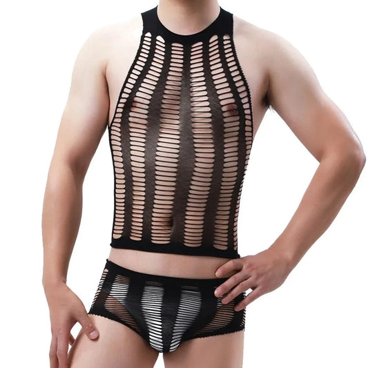 a hot gay man in Men's Sexy Fishnet Lounge Bodysuit Set | Gay Loungewear & Pajamas - pridevoyageshop.com - gay pajamas, gay loungewear, gay sleepwear
