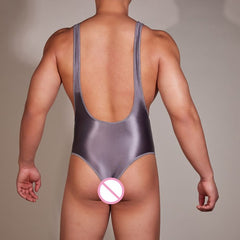 sexy gay man in dark gray Gay Bodysuit and Singlet | Men's Glossy High Elastic Bodysuit - Men's Singlets, Bodysuits, Leotard & Unitard - pridevoyageshop.com