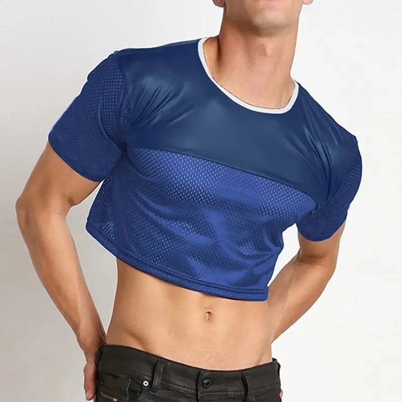 a hot gay guy in blue Gay Fashion PU Leather Mesh Crop Tops | Gay Crop Tops & Clubwear - pridevoyageshop.com - gay crop tops, gay casual clothes and gay clothes store