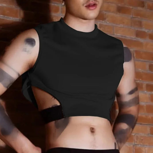 a hot gay man in black  Men's Designer Hollow Out Crop Tops | Gay Crop Tops & Clubwear - pridevoyageshop.com - gay crop tops, gay casual clothes and gay clothes store