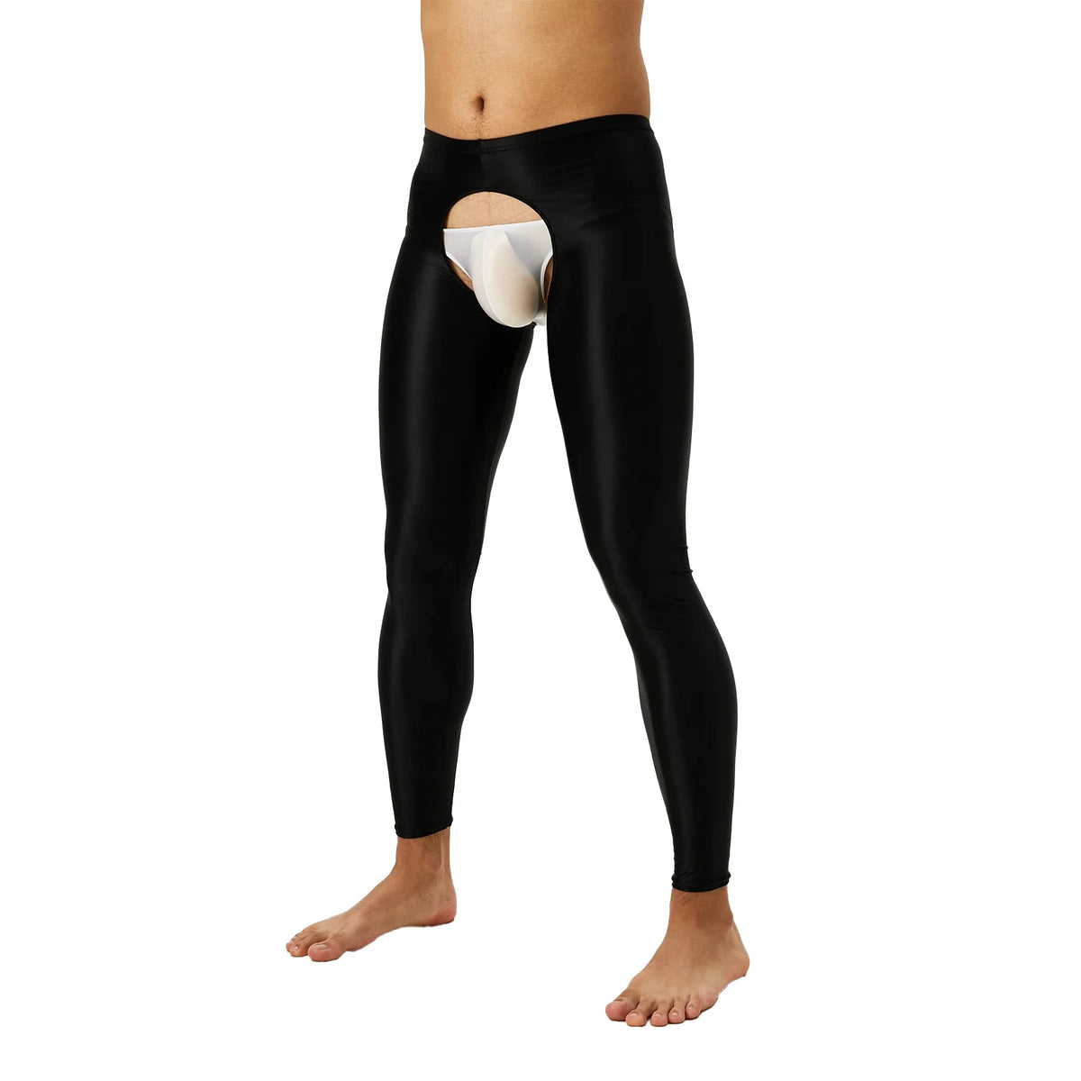 Tap Here Wet-Look Crotchless Leggings for Gay Men
