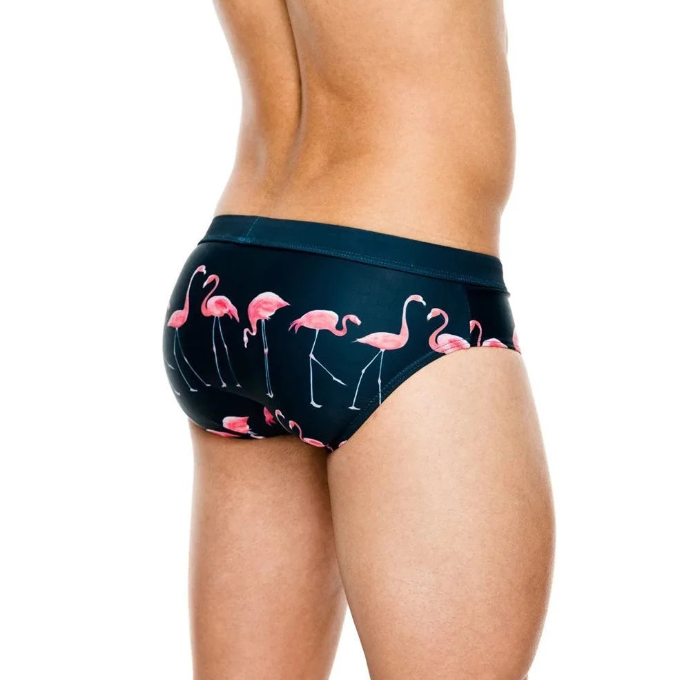 a hot gay man in dark blue Men's Flamingo Swim Briefs - pridevoyageshop.com - gay men’s underwear and swimwear