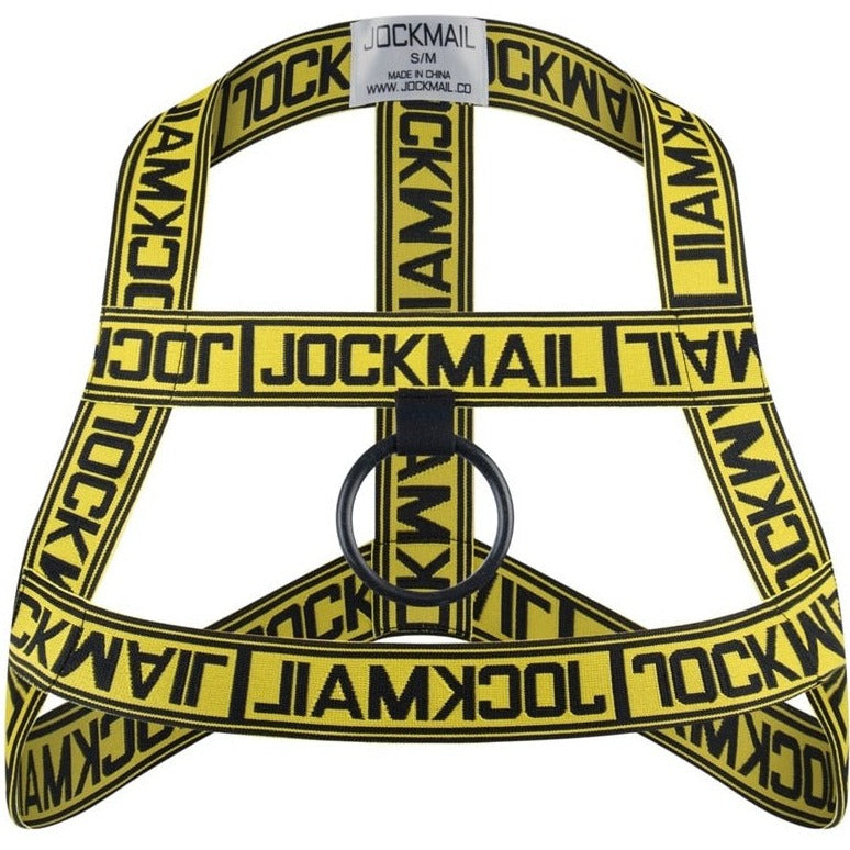 Yellow Jockmail Letter Elastic Chest Harness: Men's Clubwear and Gay Lingerie- pridevoyageshop.com - gay men’s harness, lingerie and fetish wear
