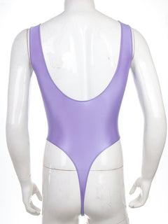 Light Purple Fluorescent Green The ’80s Shiny Thong Bodysuits - Men's Singlets, Bodysuits, Leotard & Unitard - pridevoyageshop.com