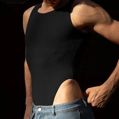 a sexy gay man in black Demure Ribbed Tank Bodysuit - Men's Singlets, Bodysuits, Leotard & Unitard - pridevoyageshop.com