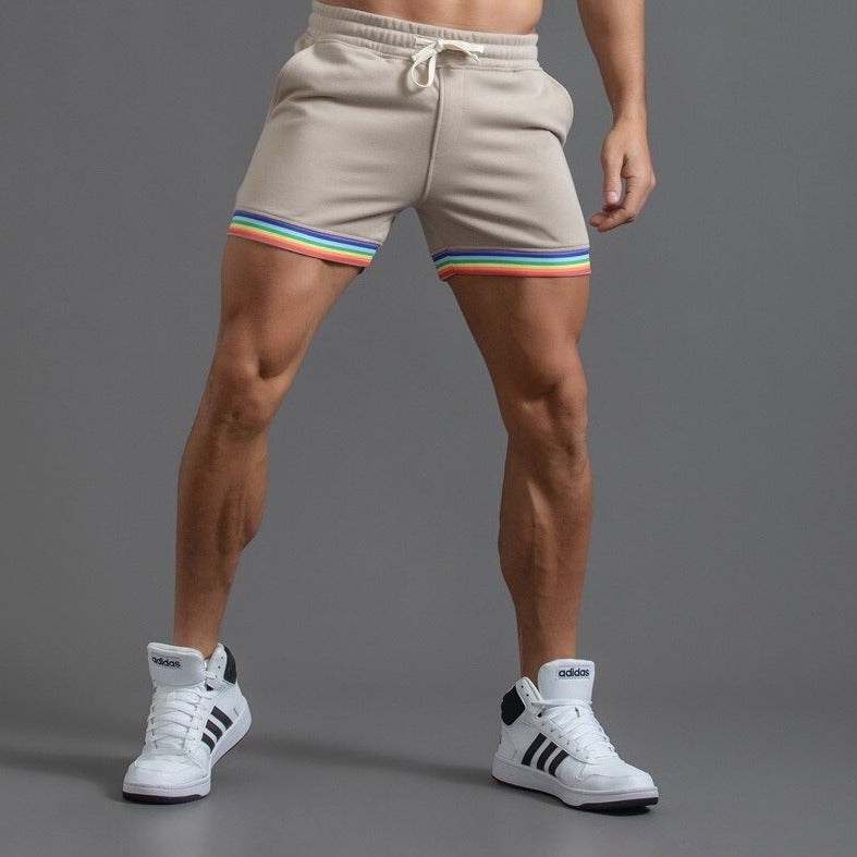 sexy gay man in light coffee  Men's Rainbow Gym Shorts with Pockets | Gay Shorts - Men's Activewear, gym short, sport shorts, running shorts- pridevoyageshop.com