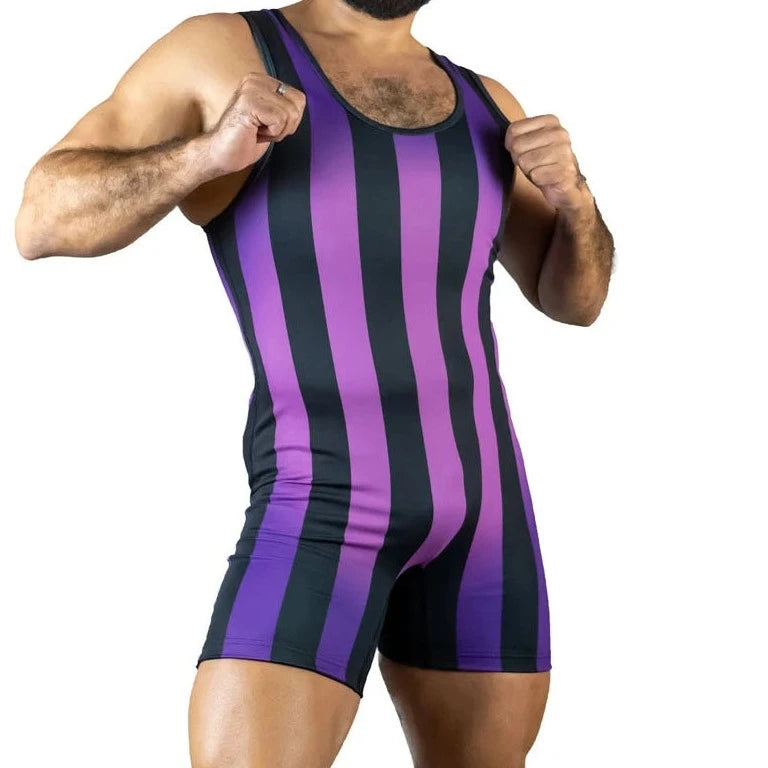 a sexy gay man in purple 80's Retro Striped Wrestling Singlets - Men's Singlets, Bodysuits, Rompers & Jumpsuits - pridevoyageshop.com