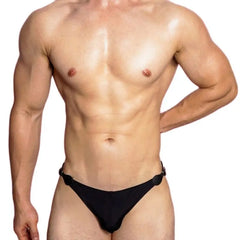 a sexy gay man in black VividFlash Leather Buckle Bikini Briefs - pridevoyageshop.com - gay men’s underwear and swimwear