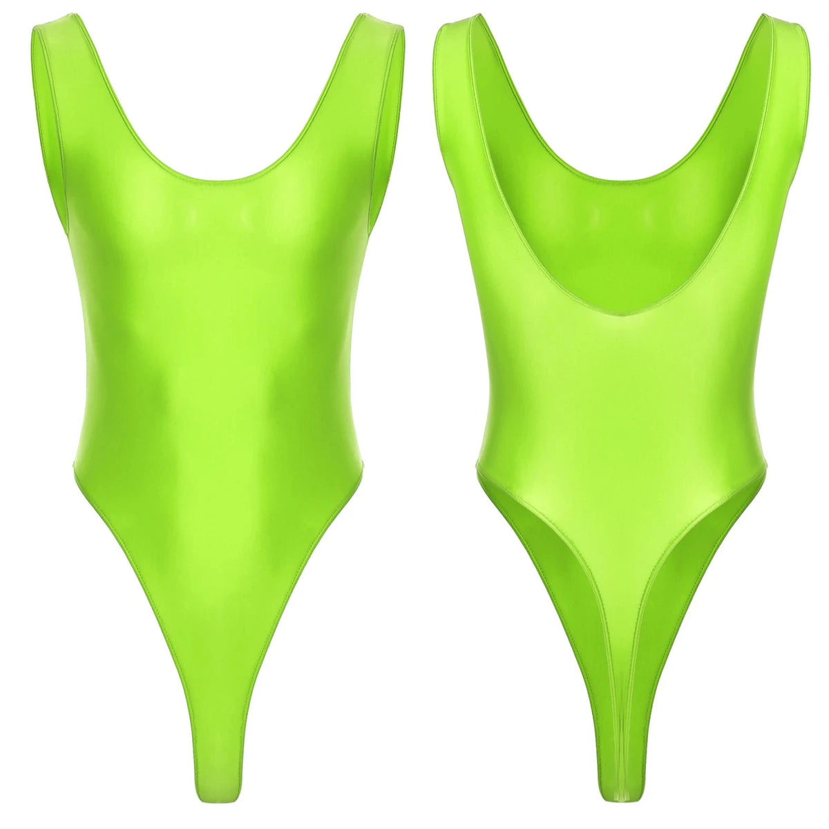 Fluorescent Green The ’80s Shiny Thong Bodysuits - Men's Singlets, Bodysuits, Leotard & Unitard - pridevoyageshop.com