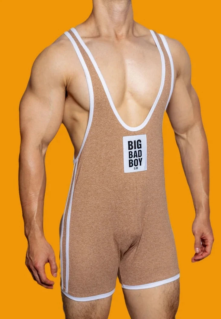 a sexy gay man in champagne DM Big Bad Boy Wrestling Singlet - Men's Singlets, Bodysuits, Rompers & Jumpsuits - pridevoyageshop.com