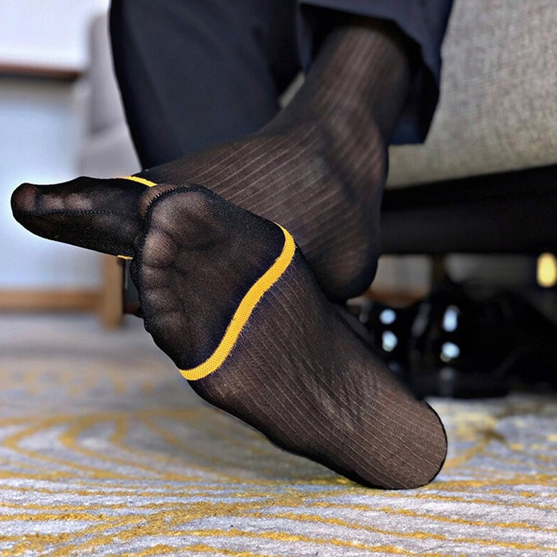 details of black Sheer OTC Socks: Men's Sheer Dress Socks for the Sexy Gay Man- pridevoyageshop.com - gay men’s harness, lingerie and fetish wear