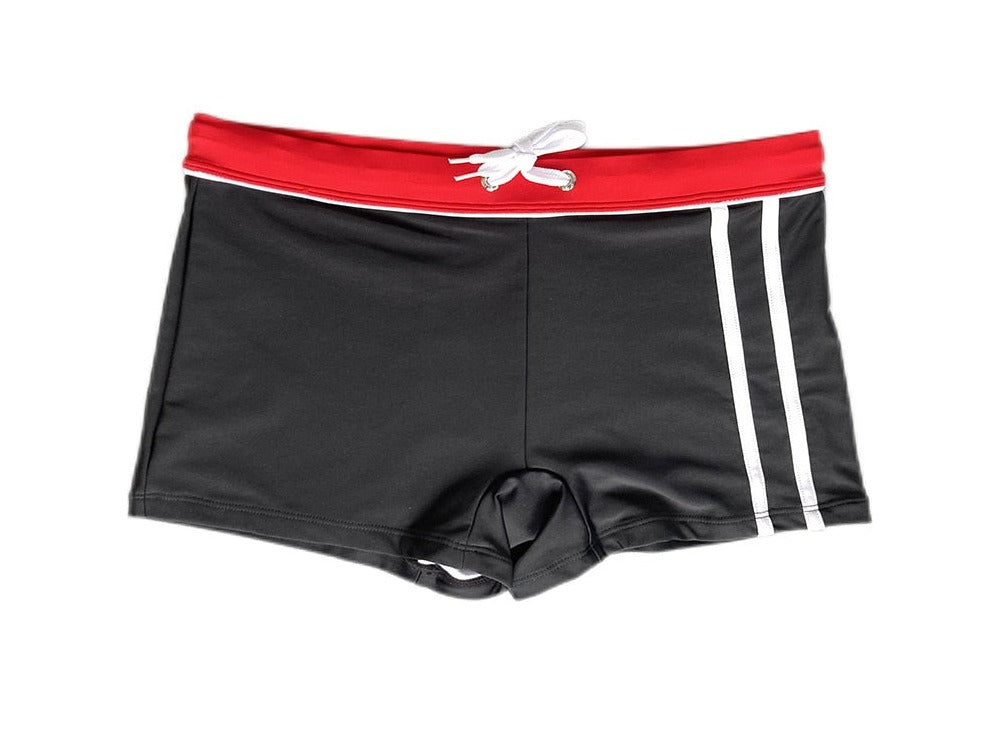black Gay Swimwear | Men's Square Cut Racing Stripe Swim Trunks - pridevoyageshop.com - gay men’s underwear and swimwear