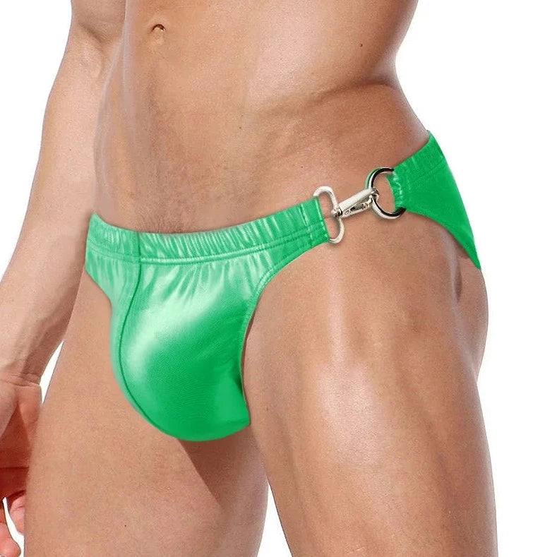 a hot gay man in Fluorescent Green Men's Faux Leather Metal Clipper Swim Briefs - pridevoyageshop.com - gay men’s underwear and swimwear