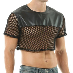 a hot gay guy in Men's Black PU Leather Fishnet Crop Top | Gay Crop Tops - pridevoyageshop.com - gay crop tops, gay casual clothes and gay clothes store