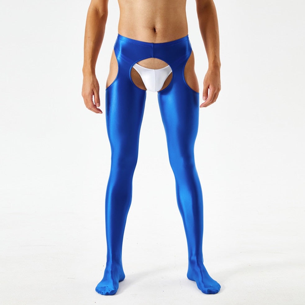sexy gay man in blue Men's Shiny Metallic Crotchless Pantyhose | Gay Lingerie - pridevoyageshop.com - gay men’s bodystocking, lingerie, fishnet and fetish wear