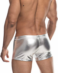 a hot gay man in silver Shiny Metallic Faux Leather Swim Trunks - pridevoyageshop.com - gay men’s underwear and swimwear