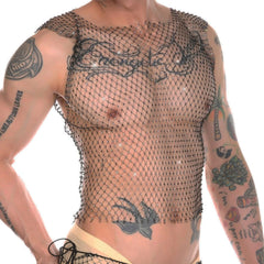 a hot gay man in black Mens Rhinestone Shiny Mesh Tank Top - pridevoyageshop.com - gay costumes, men role play outfits, gay party costumes and gay rave outfits