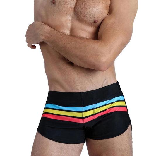 sexy gay man in black Gay Swimwear & Beachwear | Men's Pride Stripe Swim Trunks - pridevoyageshop.com - gay men’s underwear and swimwear