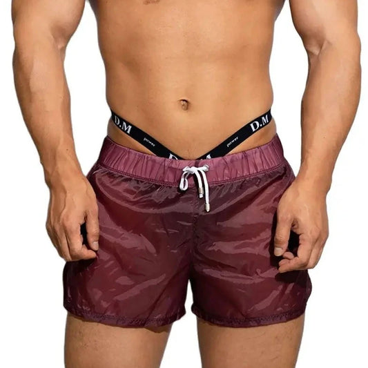 a hot gay man in Burgundy Men's See-Thru Strap Shorts - Men's Activewear, gym short, sport shorts, running shorts- pridevoyageshop.com
