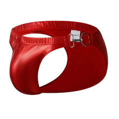 red Men's Faux Leather Metal Clipper Swim Briefs - pridevoyageshop.com - gay men’s underwear and swimwear