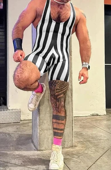 a hot gay man in black Retro stripes U-Neck Romper Singlets - Men's Singlets, Bodysuits, Rompers & Jumpsuits - pridevoyageshop.com