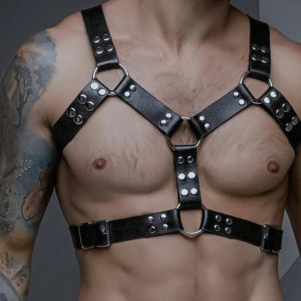 a sexy gay man in Dark Thrill Chest Harness -pridevoyageshop.com - gay men’s harness, lingerie and fetish wear