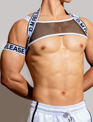 sexy gay man in white DM Men's Release Mesh Chest Harness | Gay Harness- pridevoyageshop.com - gay men’s harness, lingerie and fetish wear