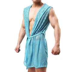 a hot man in light blue Lord Hooded Mesh Lounge Robe - pridevoyageshop.com - men's pajamas, men's loungewear, men's sleepwear