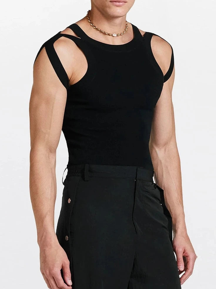 a sexy gay man in black Men's Chic Strap Tank - pridevoyageshop.com - gay crop tops, gay casual clothes and gay clothes store