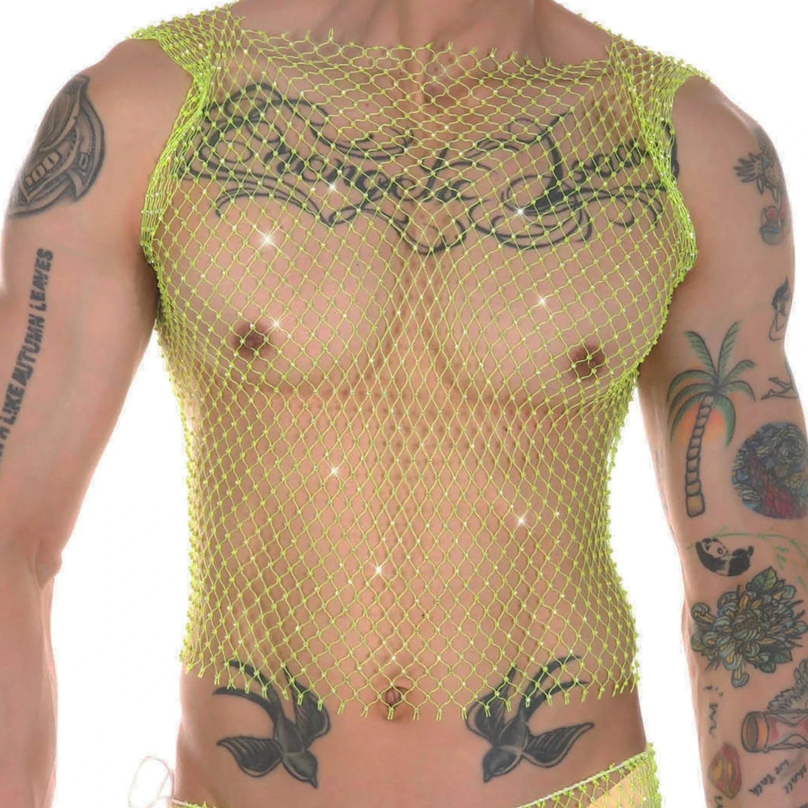 a hot gay man in green Mens Rhinestone Shiny Mesh Tank Top - pridevoyageshop.com - gay costumes, men role play outfits, gay party costumes and gay rave outfits