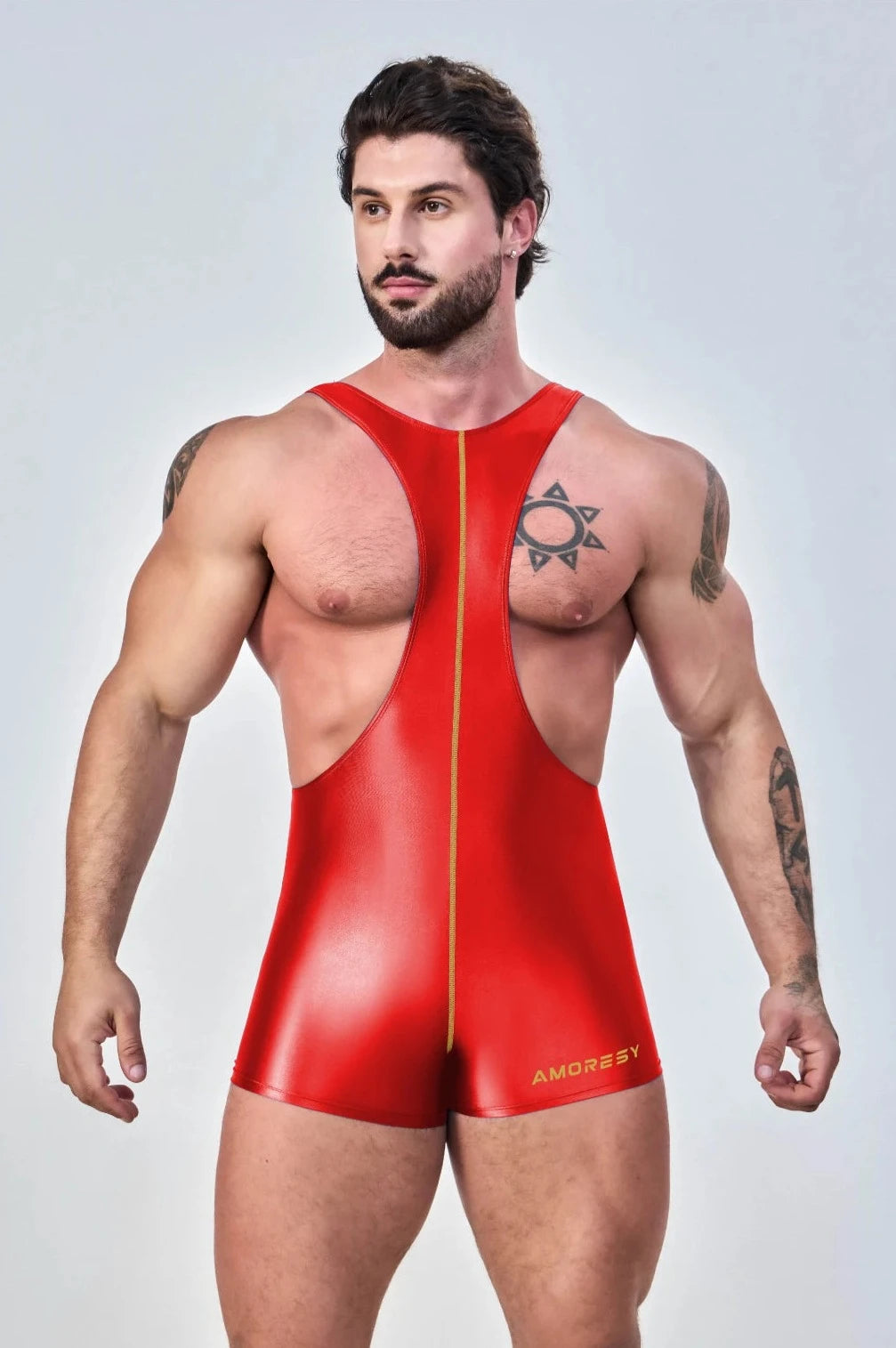 a sexy gay man in red Glossy Bodybuilder Singlets - Men's Singlets, Bodysuits, Rompers & Jumpsuits - pridevoyageshop.com