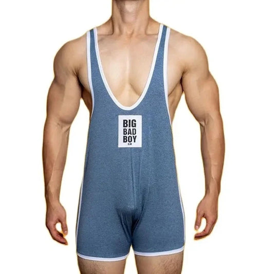 a sexy gay man in blue DM Big Bad Boy Wrestling Singlet - Men's Singlets, Bodysuits, Rompers & Jumpsuits - pridevoyageshop.com