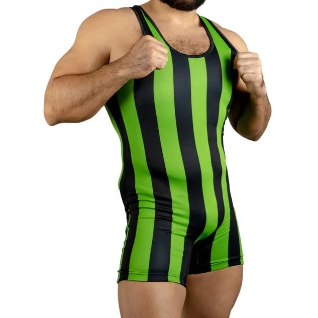 a sexy gay man in green 80's Retro Striped Wrestling Singlets - Men's Singlets, Bodysuits, Rompers & Jumpsuits - pridevoyageshop.com