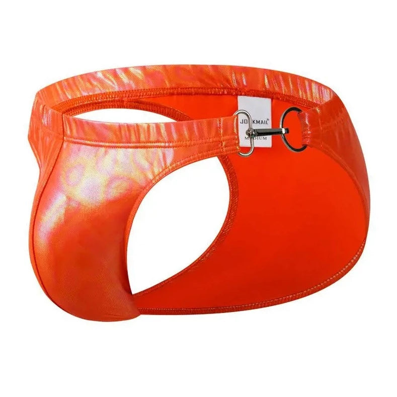 orange Men's Faux Leather Metal Clipper Swim Briefs - pridevoyageshop.com - gay men’s underwear and swimwear