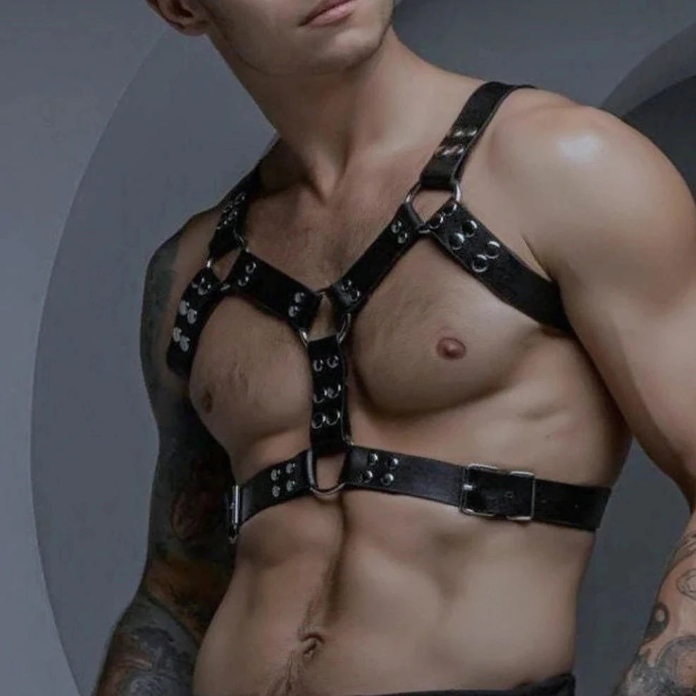 a sexy gay man in Dark Thrill Chest Harness -pridevoyageshop.com - gay men’s harness, lingerie and fetish wear