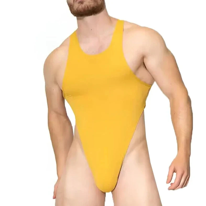 a hot gay man in yellow Power Sports Shaping Thong Bodysuit - Men's Singlets, Bodysuits, Rompers & Jumpsuits - pridevoyageshop.com